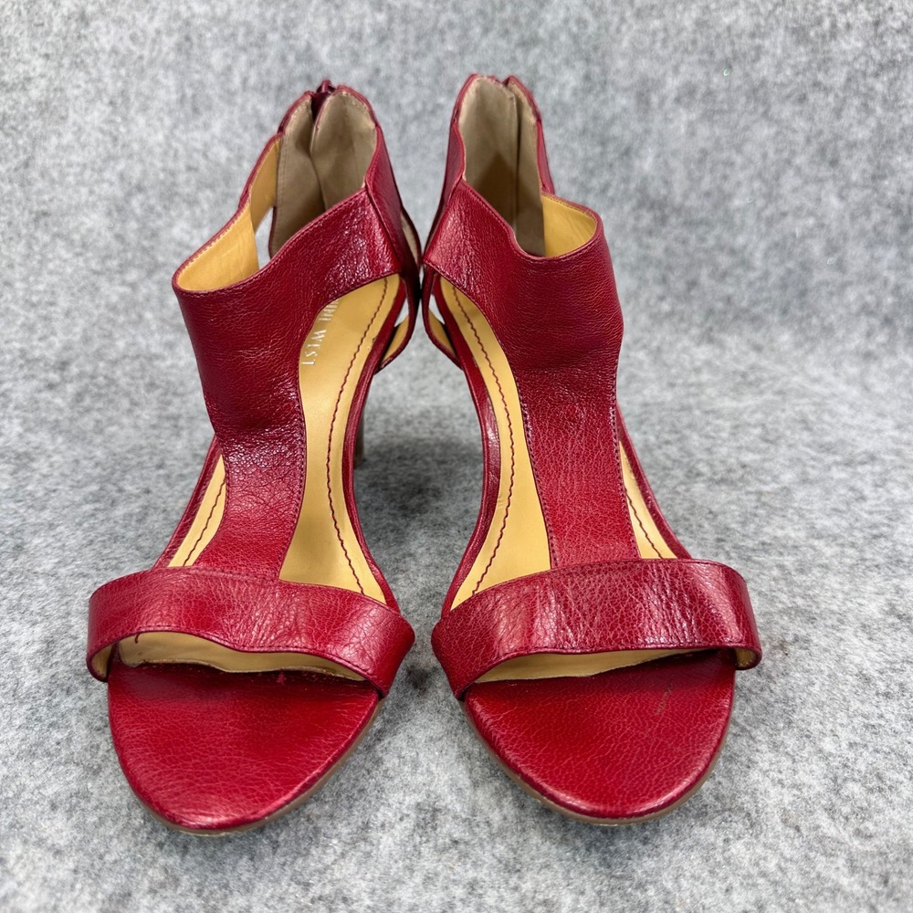 Nine West Womens Red Leather Wedge Sandals Size 8 T Strap Comfort Back Zip - Picture 14 of 14